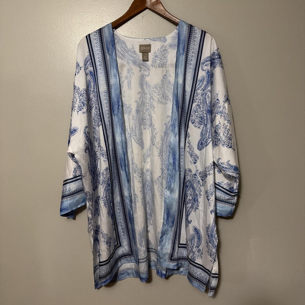 Chico's women's blue/white paisley floral dolman sleeve kimono Size L/XL